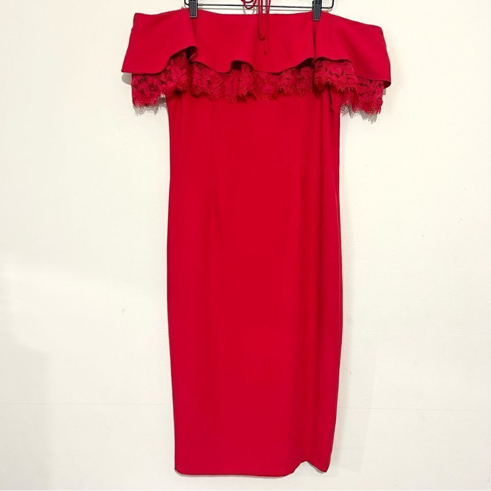 Aidan by Aidan Mattox Red Off the Shoulder Ruffled Sheath Midi Dress SIZE 12 - Picture 2 of 10